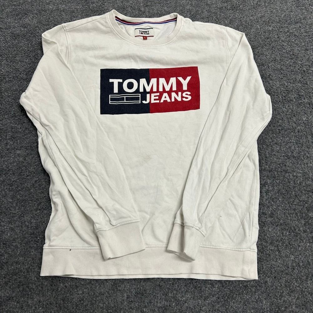 Tommy Jeans Sweatshirt Mens Size L White Cotton Graphic Logo Crewneck Pullover